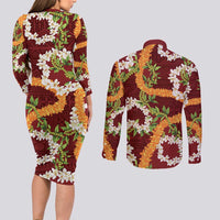 Aloha Festive Hawaii Couples Matching Long Sleeve Bodycon Dress and Long Sleeve Button Shirt Mokihana - Maile and Ilima on Crimson LT7 - Polynesian Pride