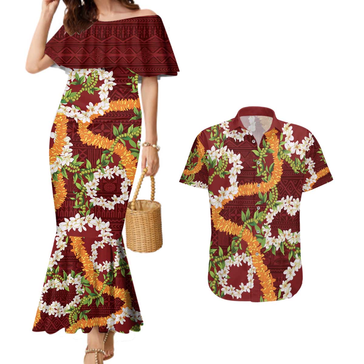 Aloha Festive Hawaii Couples Matching Mermaid Dress and Hawaiian Shirt Mokihana - Maile and Ilima on Crimson - Polynesian Pride