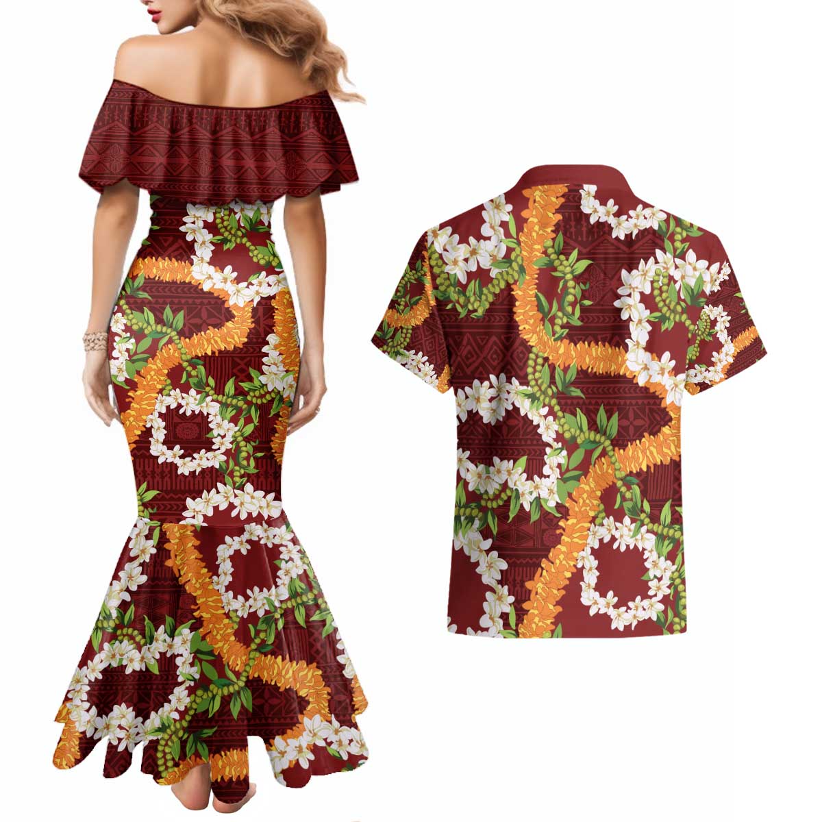 Aloha Festive Hawaii Couples Matching Mermaid Dress and Hawaiian Shirt Mokihana - Maile and Ilima on Crimson LT7 - Polynesian Pride