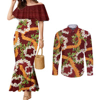 Aloha Festive Hawaii Couples Matching Mermaid Dress and Long Sleeve Button Shirt Mokihana - Maile and Ilima on Crimson LT7 Crimson - Polynesian Pride