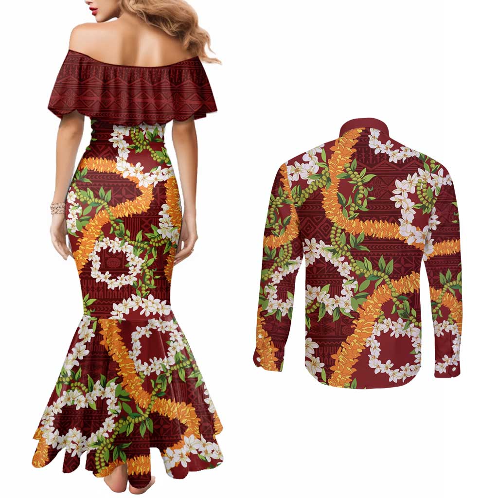 Aloha Festive Hawaii Couples Matching Mermaid Dress and Long Sleeve Button Shirt Mokihana - Maile and Ilima on Crimson LT7 - Polynesian Pride