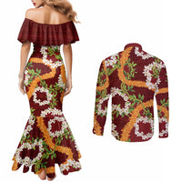 Aloha Festive Hawaii Couples Matching Mermaid Dress and Long Sleeve Button Shirt Mokihana - Maile and Ilima on Crimson LT7 - Polynesian Pride