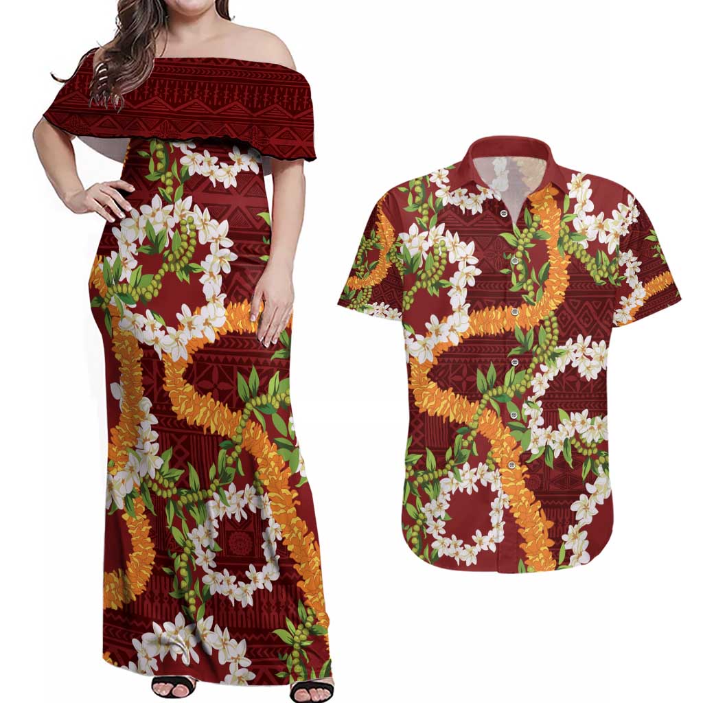 Aloha Festive Hawaii Couples Matching Off Shoulder Maxi Dress and Hawaiian Shirt Mokihana - Maile and Ilima on Crimson LT7 Crimson - Polynesian Pride