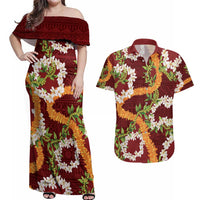 Aloha Festive Hawaii Couples Matching Off Shoulder Maxi Dress and Hawaiian Shirt Mokihana - Maile and Ilima on Crimson LT7 Crimson - Polynesian Pride