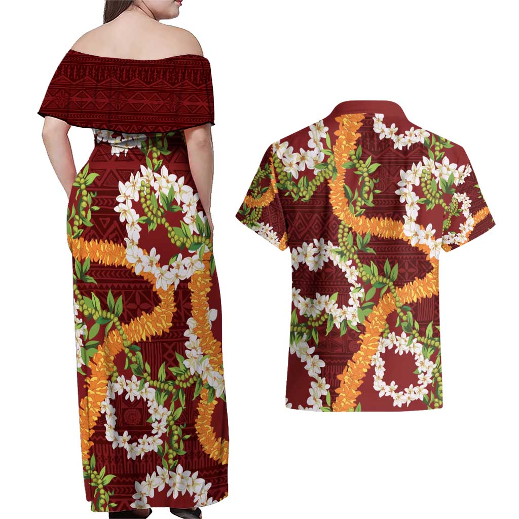Aloha Festive Hawaii Couples Matching Off Shoulder Maxi Dress and Hawaiian Shirt Mokihana - Maile and Ilima on Crimson LT7 - Polynesian Pride