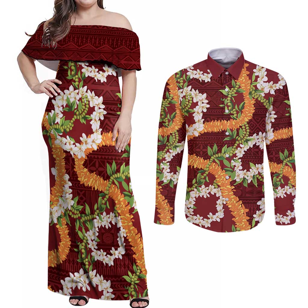 Aloha Festive Hawaii Couples Matching Off Shoulder Maxi Dress and Long Sleeve Button Shirt Mokihana - Maile and Ilima on Crimson LT7 Crimson - Polynesian Pride