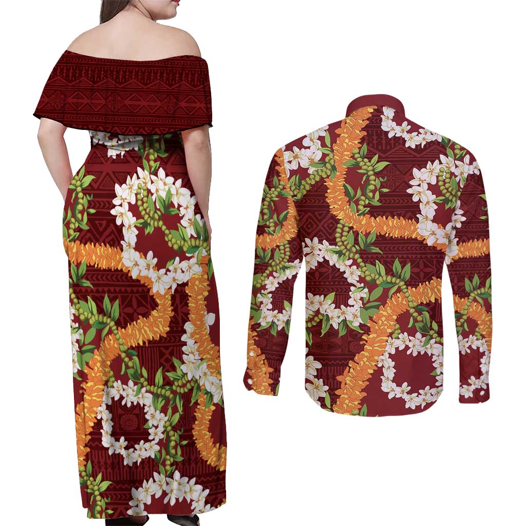 Aloha Festive Hawaii Couples Matching Off Shoulder Maxi Dress and Long Sleeve Button Shirt Mokihana - Maile and Ilima on Crimson LT7 - Polynesian Pride