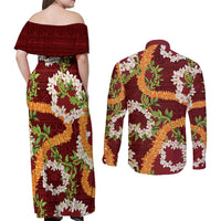 Aloha Festive Hawaii Couples Matching Off Shoulder Maxi Dress and Long Sleeve Button Shirt Mokihana - Maile and Ilima on Crimson LT7 - Polynesian Pride
