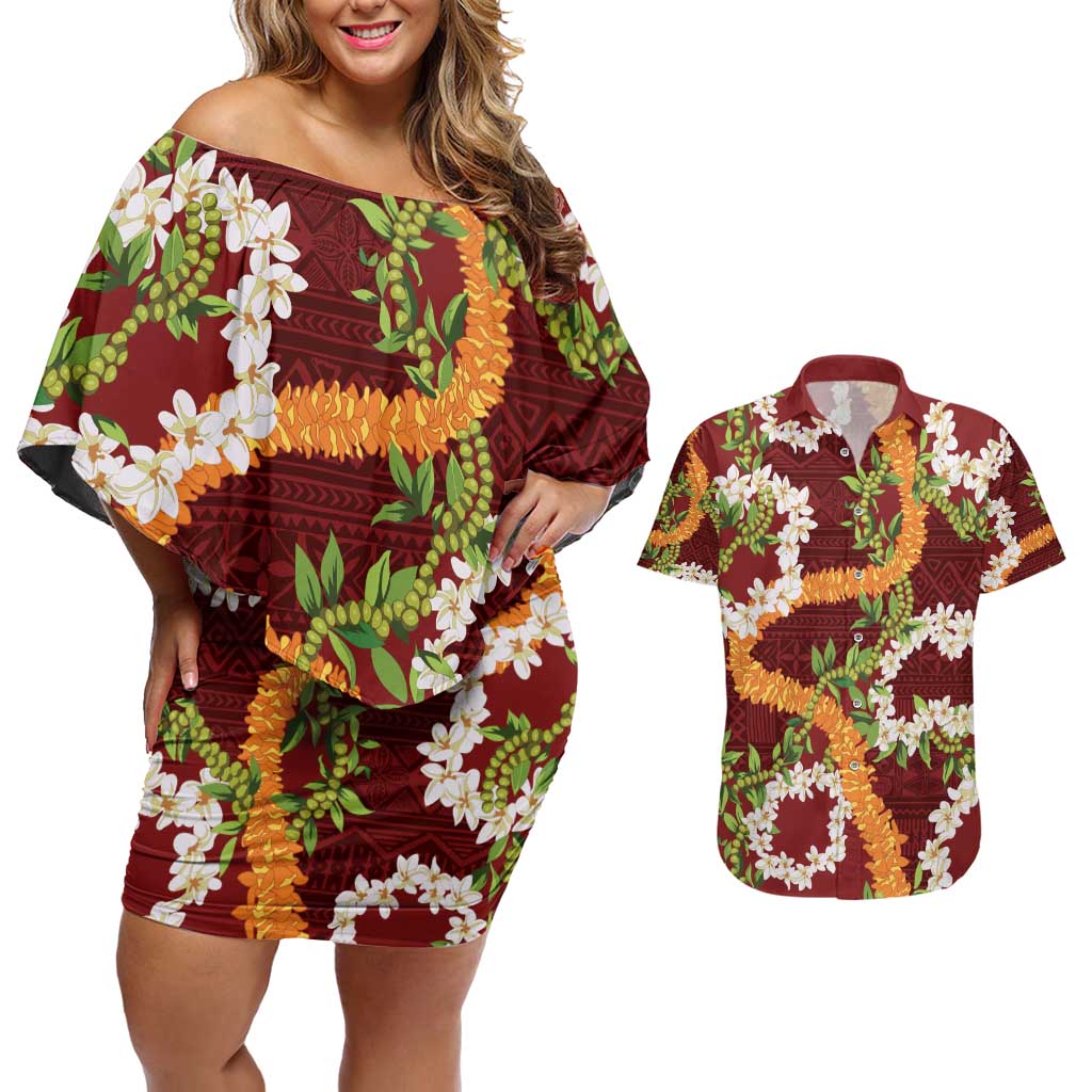 Aloha Festive Hawaii Couples Matching Off Shoulder Short Dress and Hawaiian Shirt Mokihana - Maile and Ilima on Crimson LT7 Crimson - Polynesian Pride