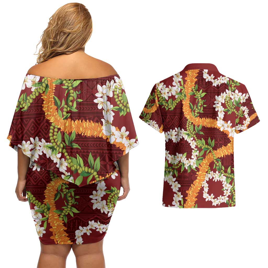 Aloha Festive Hawaii Couples Matching Off Shoulder Short Dress and Hawaiian Shirt Mokihana - Maile and Ilima on Crimson LT7 - Polynesian Pride