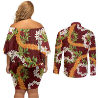 Aloha Festive Hawaii Couples Matching Off Shoulder Short Dress and Long Sleeve Button Shirt Mokihana - Maile and Ilima on Crimson LT7 - Polynesian Pride