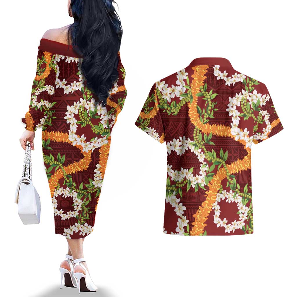 Aloha Festive Hawaii Couples Matching Off The Shoulder Long Sleeve Dress and Hawaiian Shirt Mokihana - Maile and Ilima on Crimson LT7 - Polynesian Pride