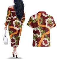 Aloha Festive Hawaii Couples Matching Off The Shoulder Long Sleeve Dress and Hawaiian Shirt Mokihana - Maile and Ilima on Crimson LT7 - Polynesian Pride