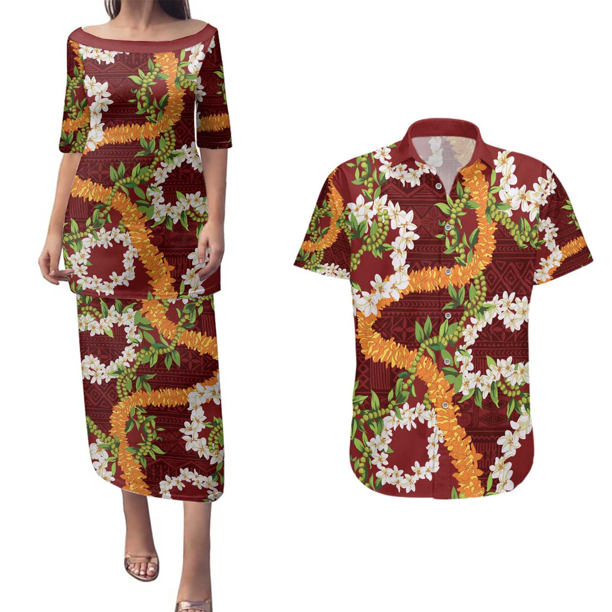 Aloha Festive Hawaii Couples Matching Puletasi and Hawaiian Shirt Mokihana - Maile and Ilima on Crimson LT7 Crimson - Polynesian Pride