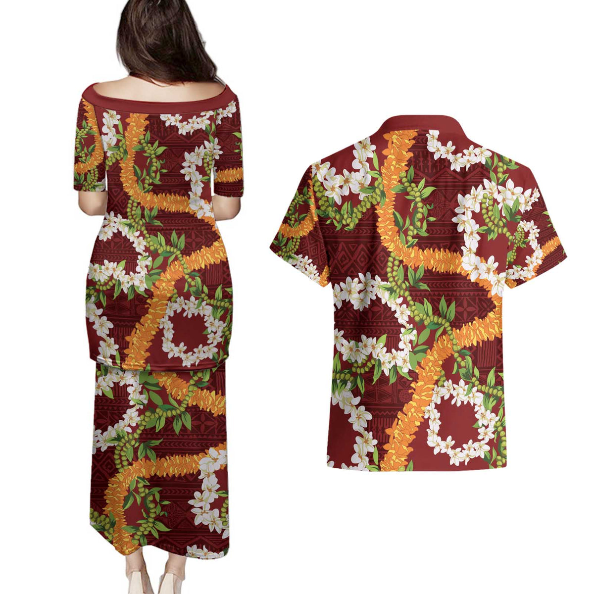 Aloha Festive Hawaii Couples Matching Puletasi and Hawaiian Shirt Mokihana - Maile and Ilima on Crimson LT7 - Polynesian Pride