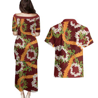 Aloha Festive Hawaii Couples Matching Puletasi and Hawaiian Shirt Mokihana - Maile and Ilima on Crimson LT7 - Polynesian Pride