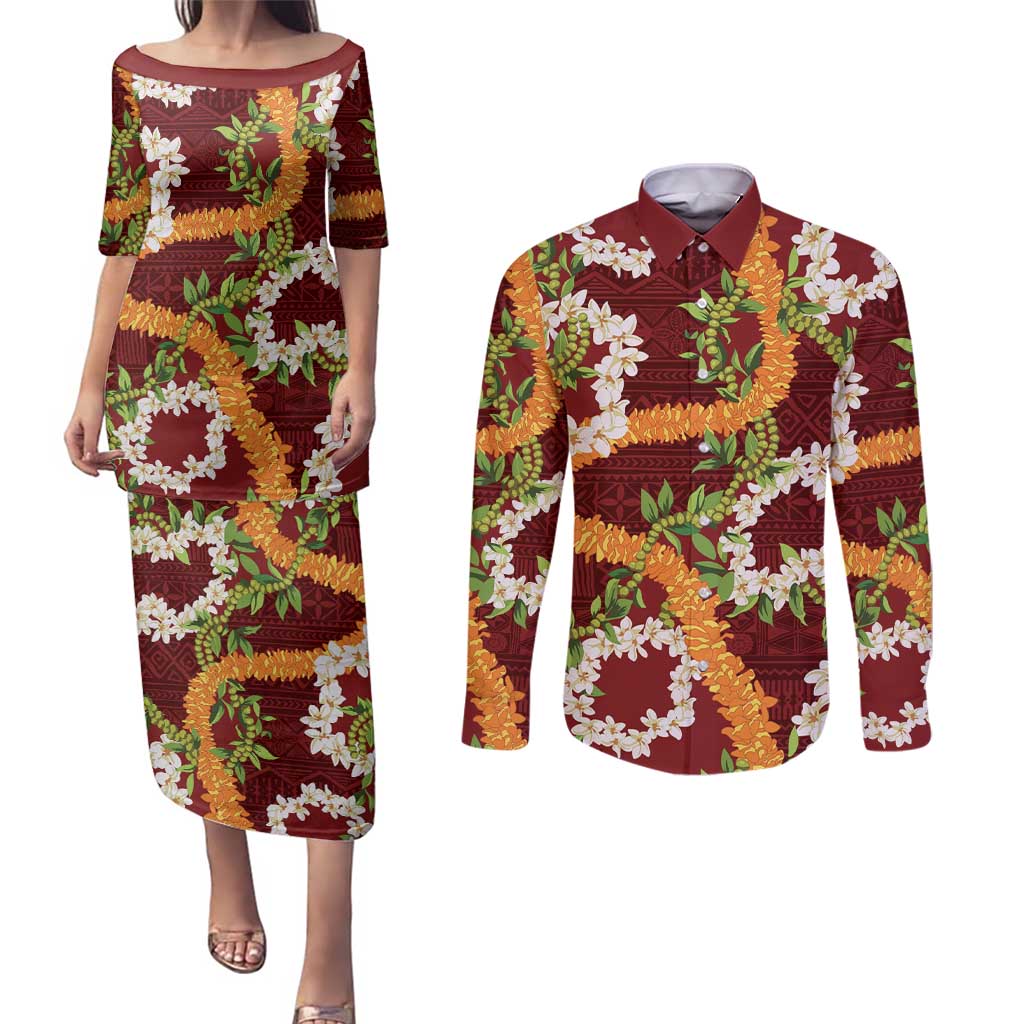 Aloha Festive Hawaii Couples Matching Puletasi and Long Sleeve Button Shirt Mokihana - Maile and Ilima on Crimson LT7 Crimson - Polynesian Pride
