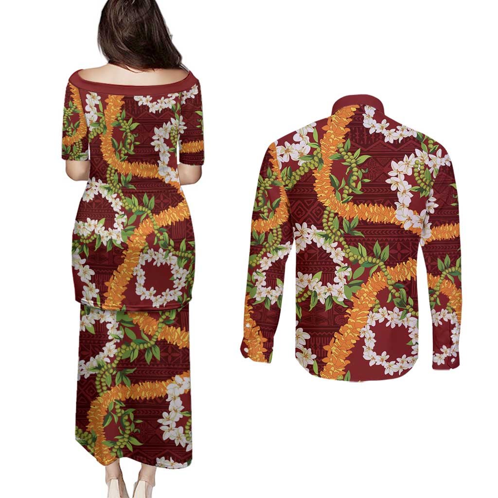 Aloha Festive Hawaii Couples Matching Puletasi and Long Sleeve Button Shirt Mokihana - Maile and Ilima on Crimson LT7 - Polynesian Pride