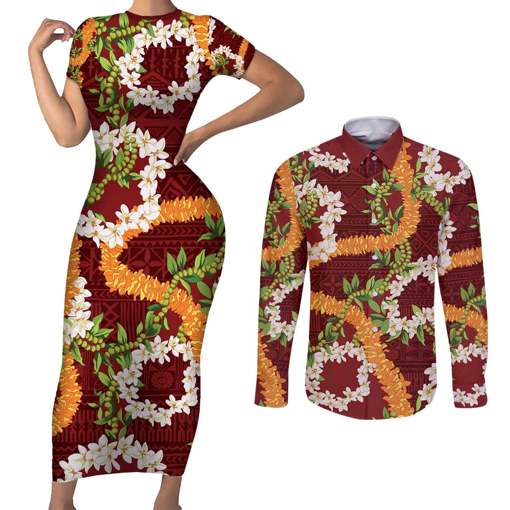 Aloha Festive Hawaii Couples Matching Short Sleeve Bodycon Dress and Long Sleeve Button Shirt Mokihana - Maile and Ilima on Crimson LT7 Crimson - Polynesian Pride