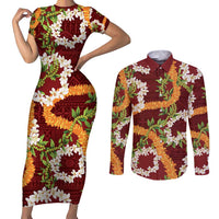 Aloha Festive Hawaii Couples Matching Short Sleeve Bodycon Dress and Long Sleeve Button Shirt Mokihana - Maile and Ilima on Crimson LT7 Crimson - Polynesian Pride