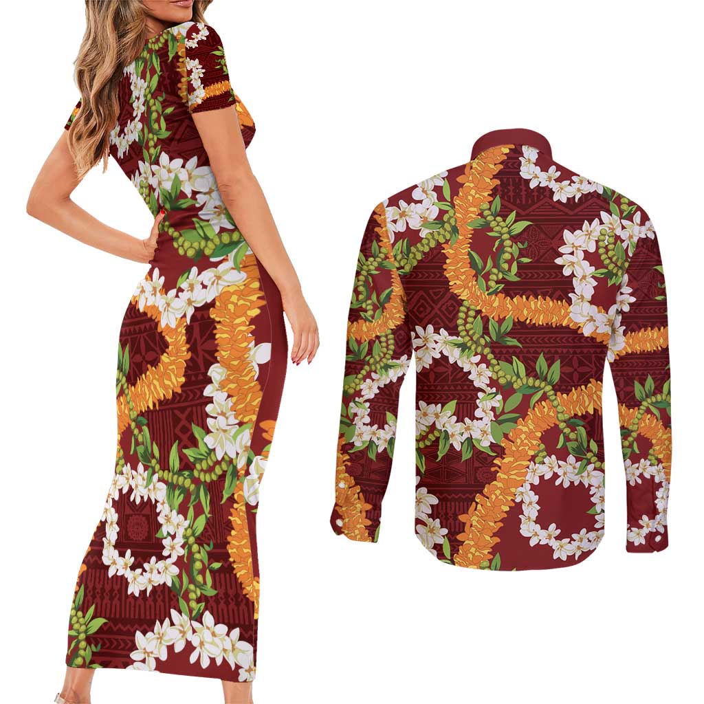 Aloha Festive Hawaii Couples Matching Short Sleeve Bodycon Dress and Long Sleeve Button Shirt Mokihana - Maile and Ilima on Crimson LT7 - Polynesian Pride