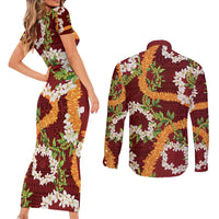 Aloha Festive Hawaii Couples Matching Short Sleeve Bodycon Dress and Long Sleeve Button Shirt Mokihana - Maile and Ilima on Crimson LT7 - Polynesian Pride