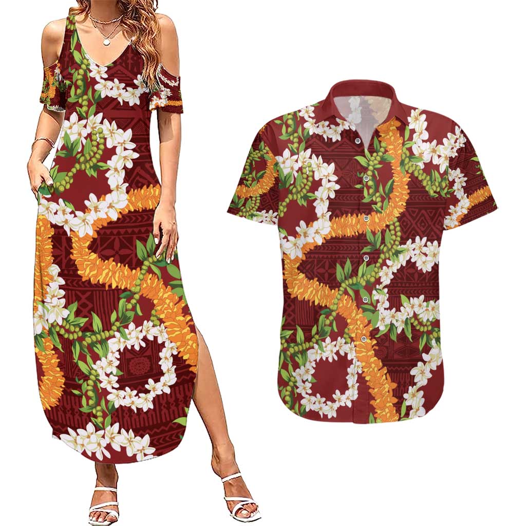 Aloha Festive Hawaii Couples Matching Summer Maxi Dress and Hawaiian Shirt Mokihana - Maile and Ilima on Crimson LT7 Crimson - Polynesian Pride