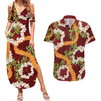 Aloha Festive Hawaii Couples Matching Summer Maxi Dress and Hawaiian Shirt Mokihana - Maile and Ilima on Crimson LT7 Crimson - Polynesian Pride