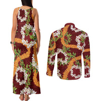 Aloha Festive Hawaii Couples Matching Tank Maxi Dress and Long Sleeve Button Shirt Mokihana - Maile and Ilima on Crimson LT7 - Polynesian Pride