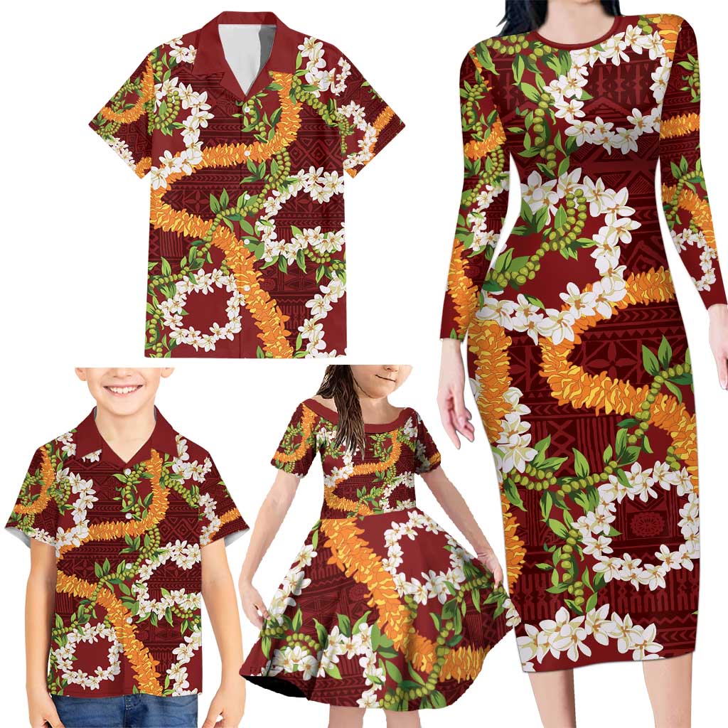 Aloha Festive Hawaii Family Matching Long Sleeve Bodycon Dress and Hawaiian Shirt Mokihana - Maile and Ilima on Crimson LT7 - Polynesian Pride