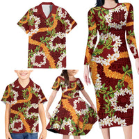 Aloha Festive Hawaii Family Matching Long Sleeve Bodycon Dress and Hawaiian Shirt Mokihana - Maile and Ilima on Crimson LT7 - Polynesian Pride