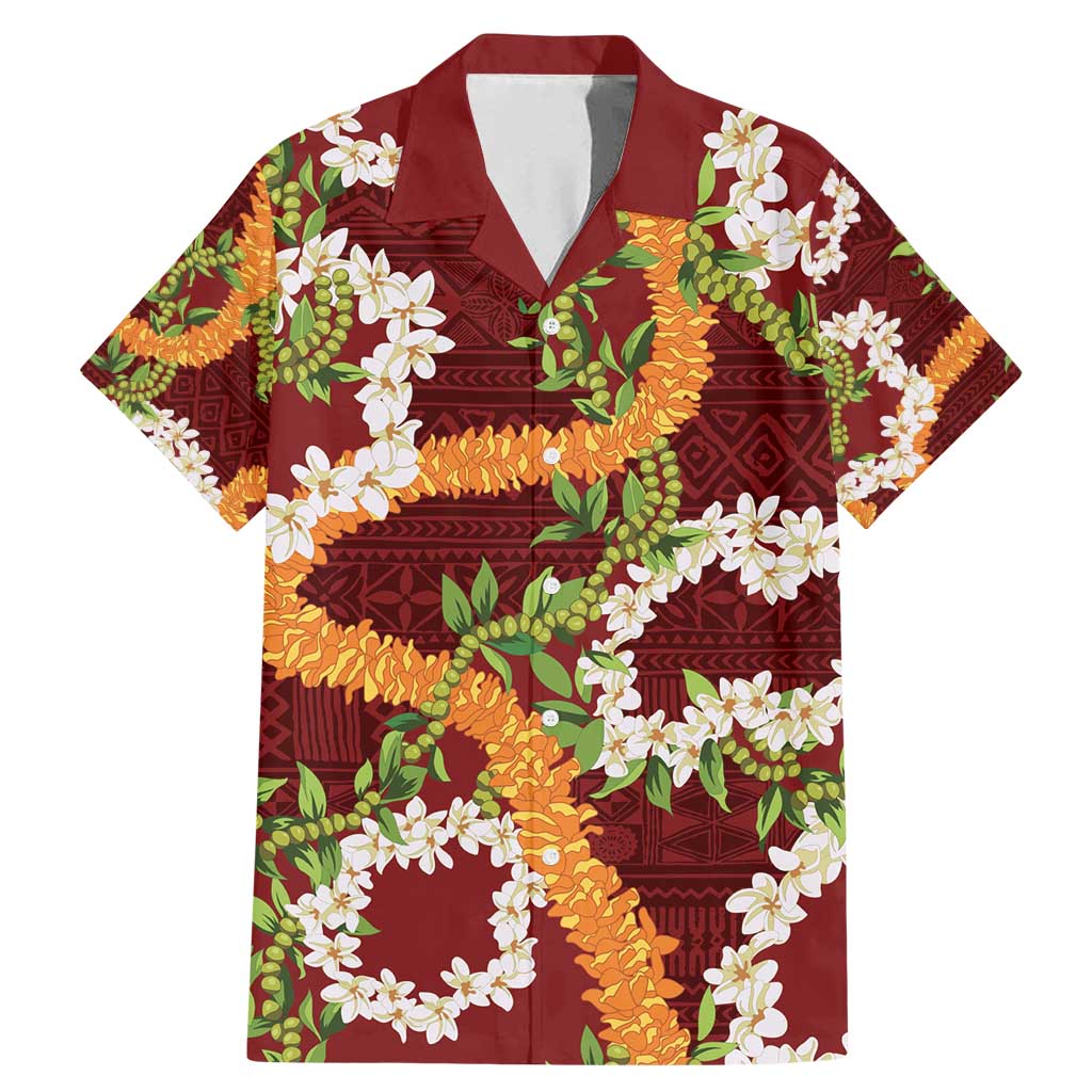 Aloha Festive Hawaii Family Matching Mermaid Dress and Hawaiian Shirt Mokihana - Maile and Ilima on Crimson LT7 Dad's Shirt - Short Sleeve Crimson - Polynesian Pride