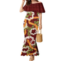 Aloha Festive Hawaii Family Matching Mermaid Dress and Hawaiian Shirt Mokihana - Maile and Ilima on Crimson LT7 Mom's Dress Crimson - Polynesian Pride