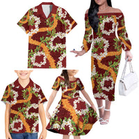 Aloha Festive Hawaii Family Matching Off The Shoulder Long Sleeve Dress and Hawaiian Shirt Mokihana - Maile and Ilima on Crimson LT7 - Polynesian Pride