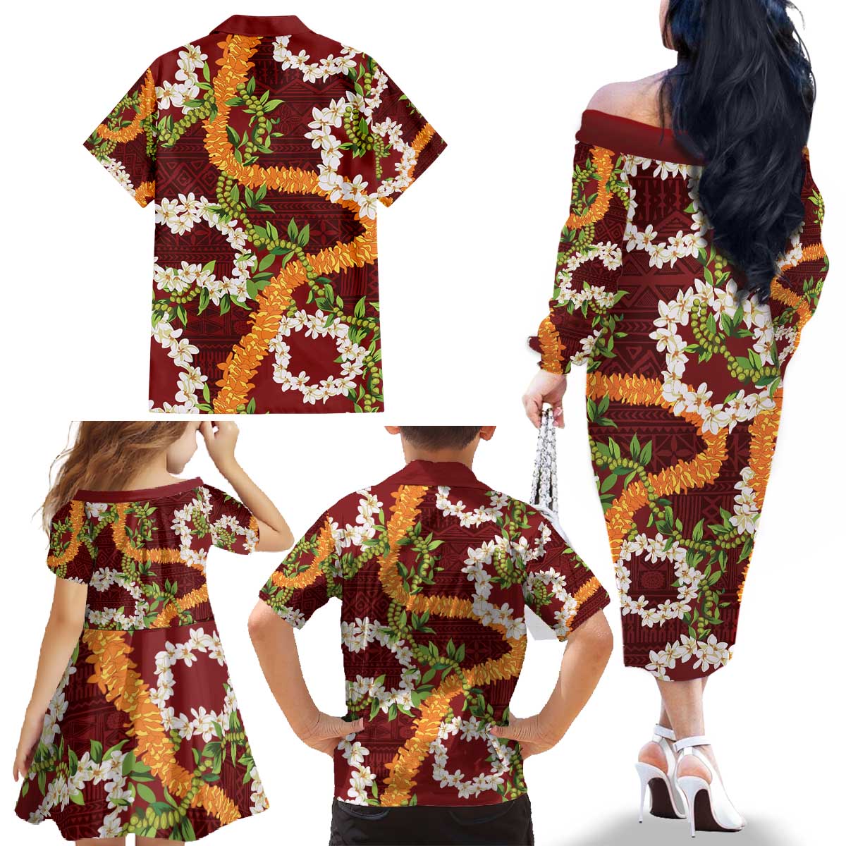 Aloha Festive Hawaii Family Matching Off The Shoulder Long Sleeve Dress and Hawaiian Shirt Mokihana - Maile and Ilima on Crimson LT7 - Polynesian Pride