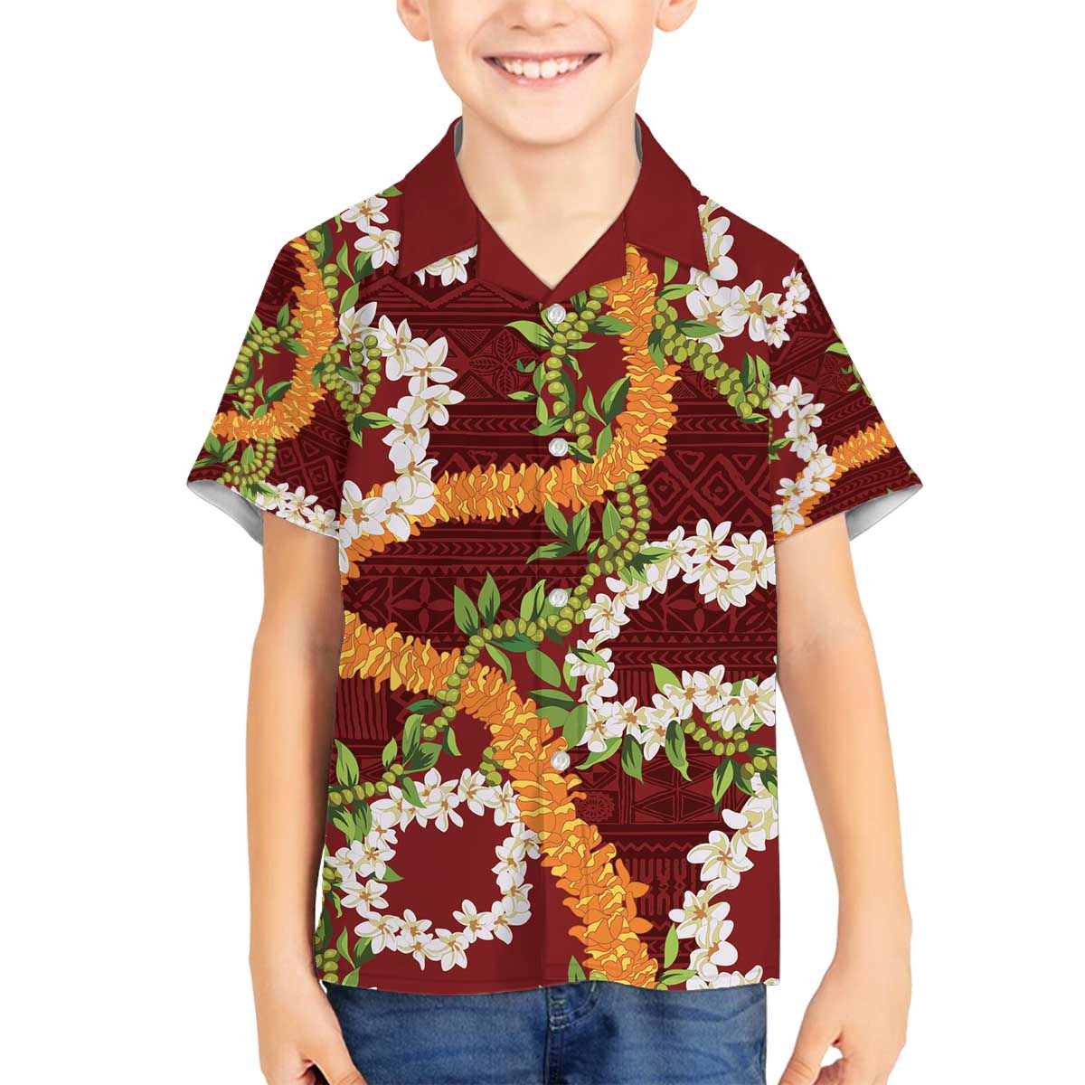 Aloha Festive Hawaii Family Matching Off The Shoulder Long Sleeve Dress and Hawaiian Shirt Mokihana - Maile and Ilima on Crimson LT7 Son's Shirt Crimson - Polynesian Pride