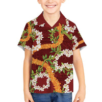 Aloha Festive Hawaii Family Matching Off The Shoulder Long Sleeve Dress and Hawaiian Shirt Mokihana - Maile and Ilima on Crimson LT7 Son's Shirt Crimson - Polynesian Pride