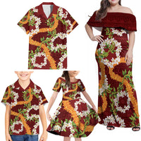 Aloha Festive Hawaii Family Matching Off Shoulder Maxi Dress and Hawaiian Shirt Mokihana - Maile and Ilima on Crimson LT7 - Polynesian Pride