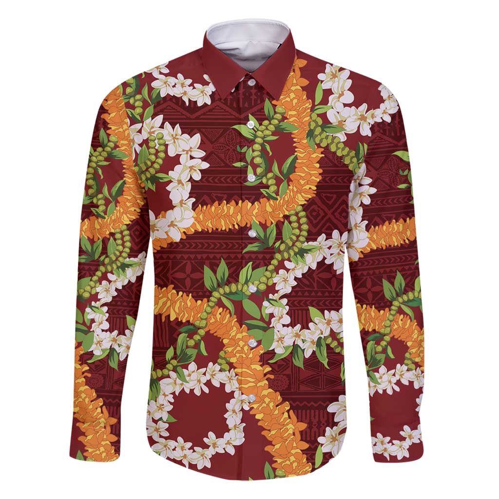Aloha Festive Hawaii Family Matching Off Shoulder Maxi Dress and Hawaiian Shirt Mokihana - Maile and Ilima on Crimson LT7 Dad's Shirt - Long Sleeve Crimson - Polynesian Pride