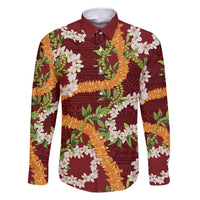 Aloha Festive Hawaii Family Matching Off Shoulder Maxi Dress and Hawaiian Shirt Mokihana - Maile and Ilima on Crimson LT7 Dad's Shirt - Long Sleeve Crimson - Polynesian Pride