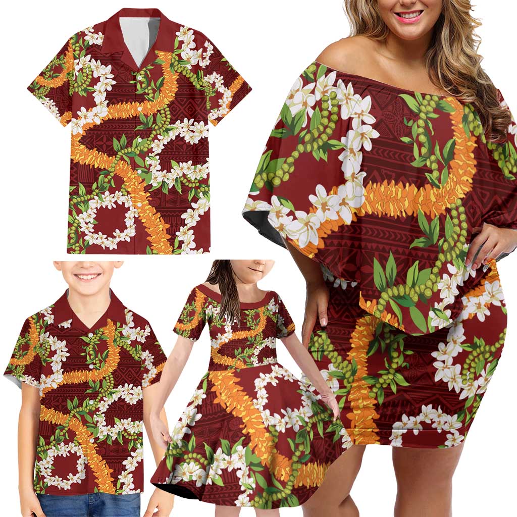 Aloha Festive Hawaii Family Matching Off Shoulder Short Dress and Hawaiian Shirt Mokihana - Maile and Ilima on Crimson LT7 - Polynesian Pride
