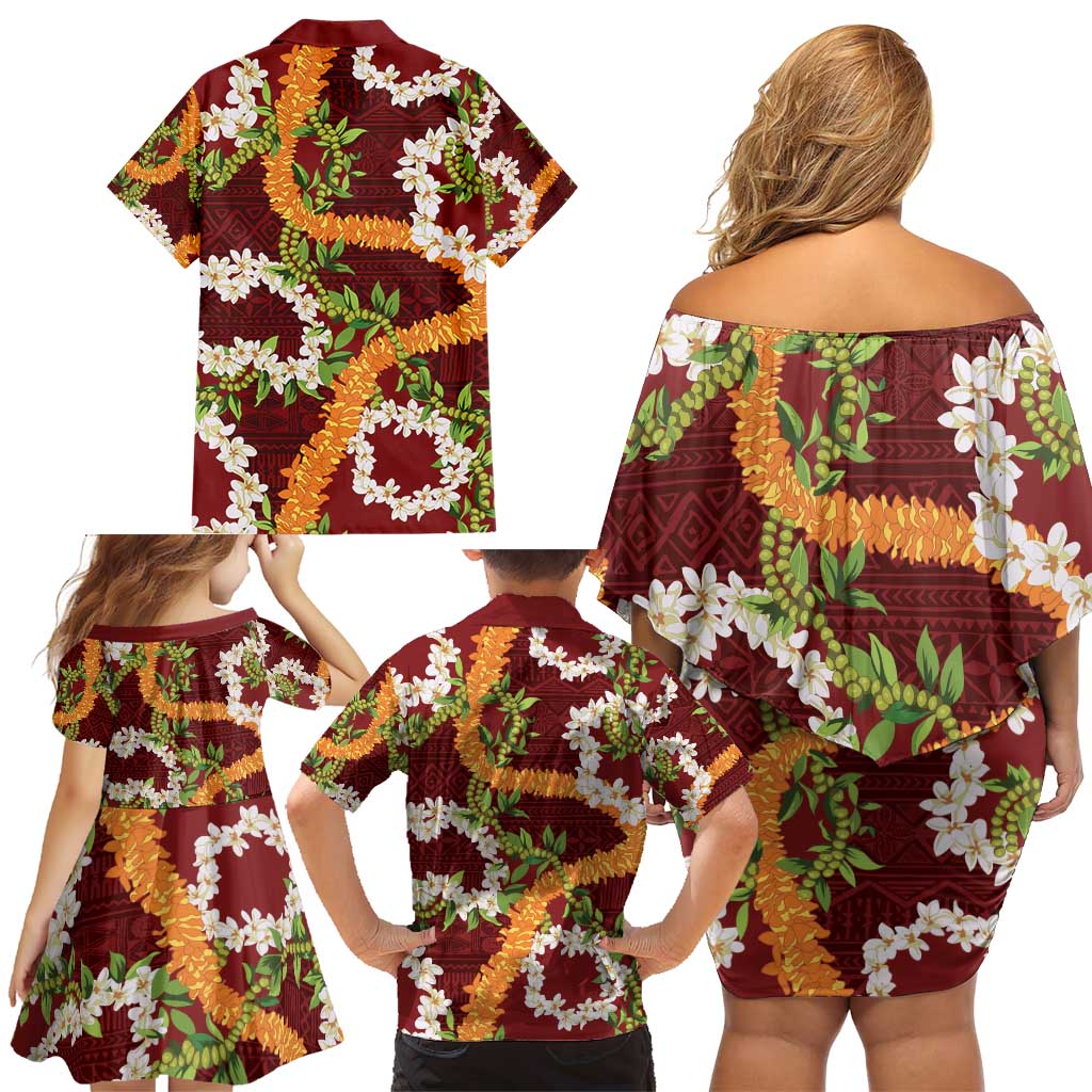 Aloha Festive Hawaii Family Matching Off Shoulder Short Dress and Hawaiian Shirt Mokihana - Maile and Ilima on Crimson LT7 - Polynesian Pride