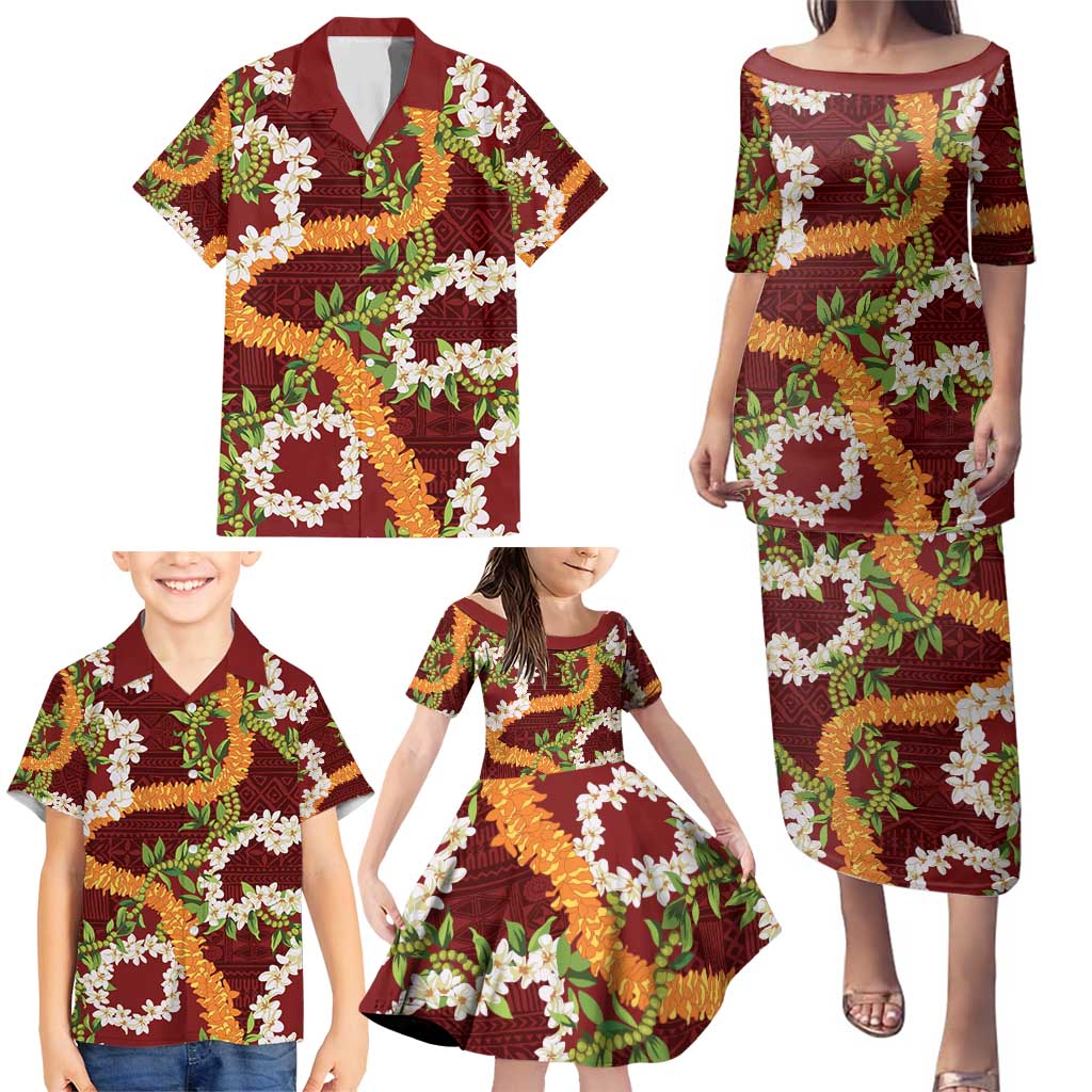 Aloha Festive Hawaii Family Matching Puletasi and Hawaiian Shirt Mokihana - Maile and Ilima on Crimson LT7 - Polynesian Pride