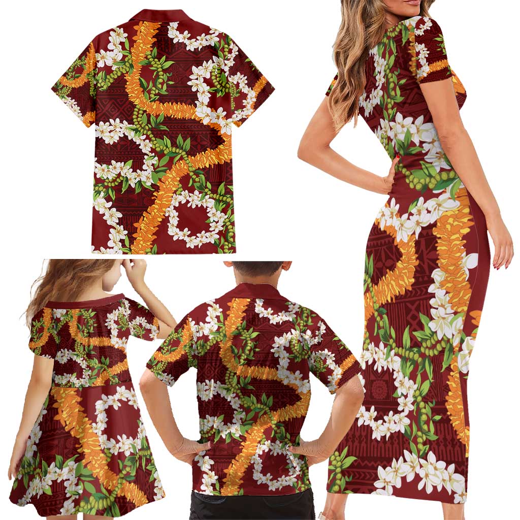 Aloha Festive Hawaii Family Matching Short Sleeve Bodycon Dress and Hawaiian Shirt Mokihana - Maile and Ilima on Crimson LT7 - Polynesian Pride
