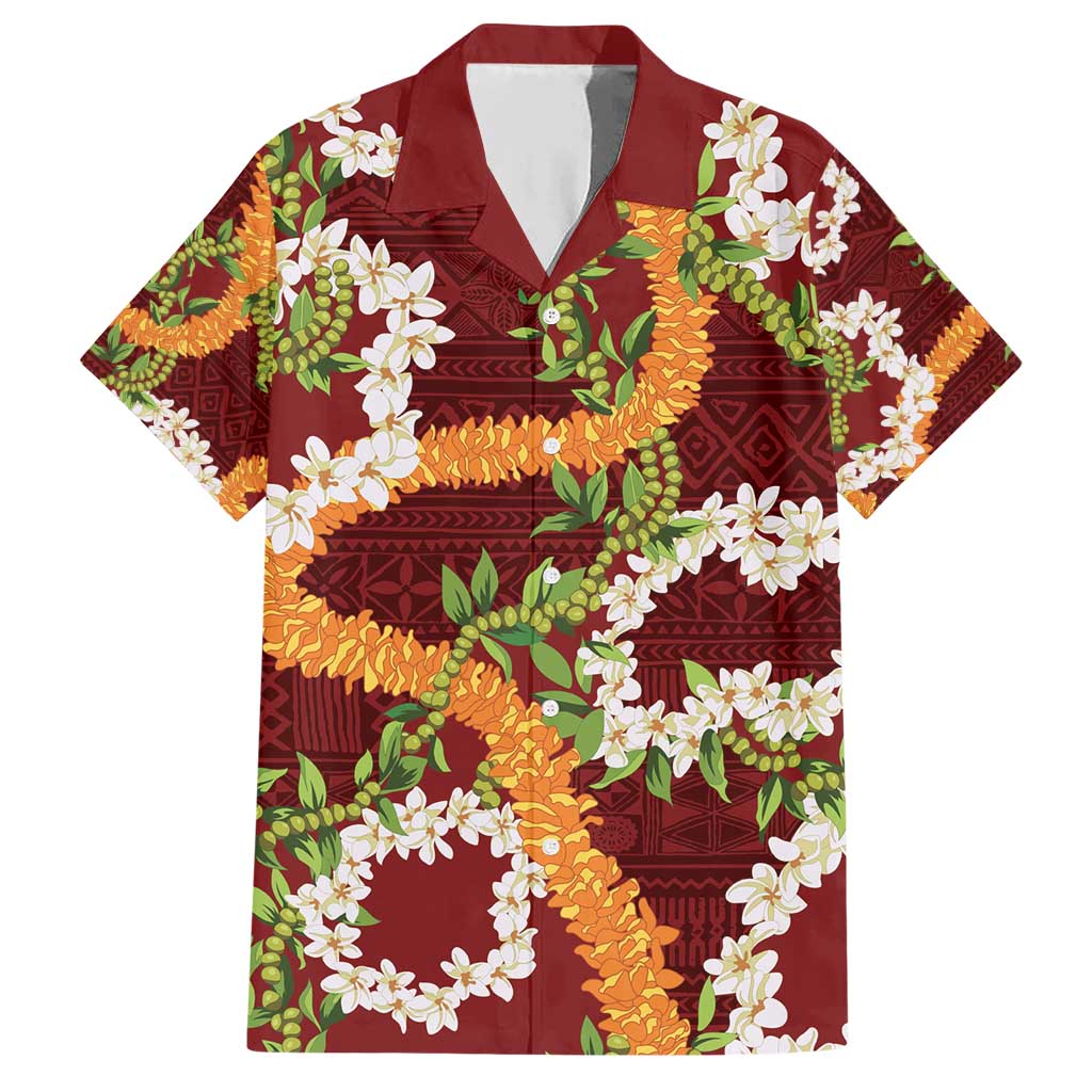 Aloha Festive Hawaii Family Matching Short Sleeve Bodycon Dress and Hawaiian Shirt Mokihana - Maile and Ilima on Crimson LT7 Dad's Shirt - Short Sleeve Crimson - Polynesian Pride