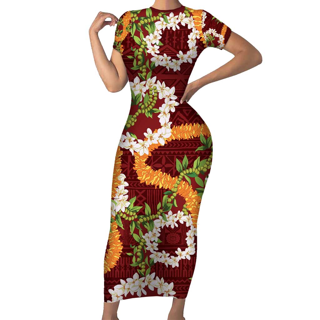 Aloha Festive Hawaii Family Matching Short Sleeve Bodycon Dress and Hawaiian Shirt Mokihana - Maile and Ilima on Crimson LT7 Mom's Dress Crimson - Polynesian Pride