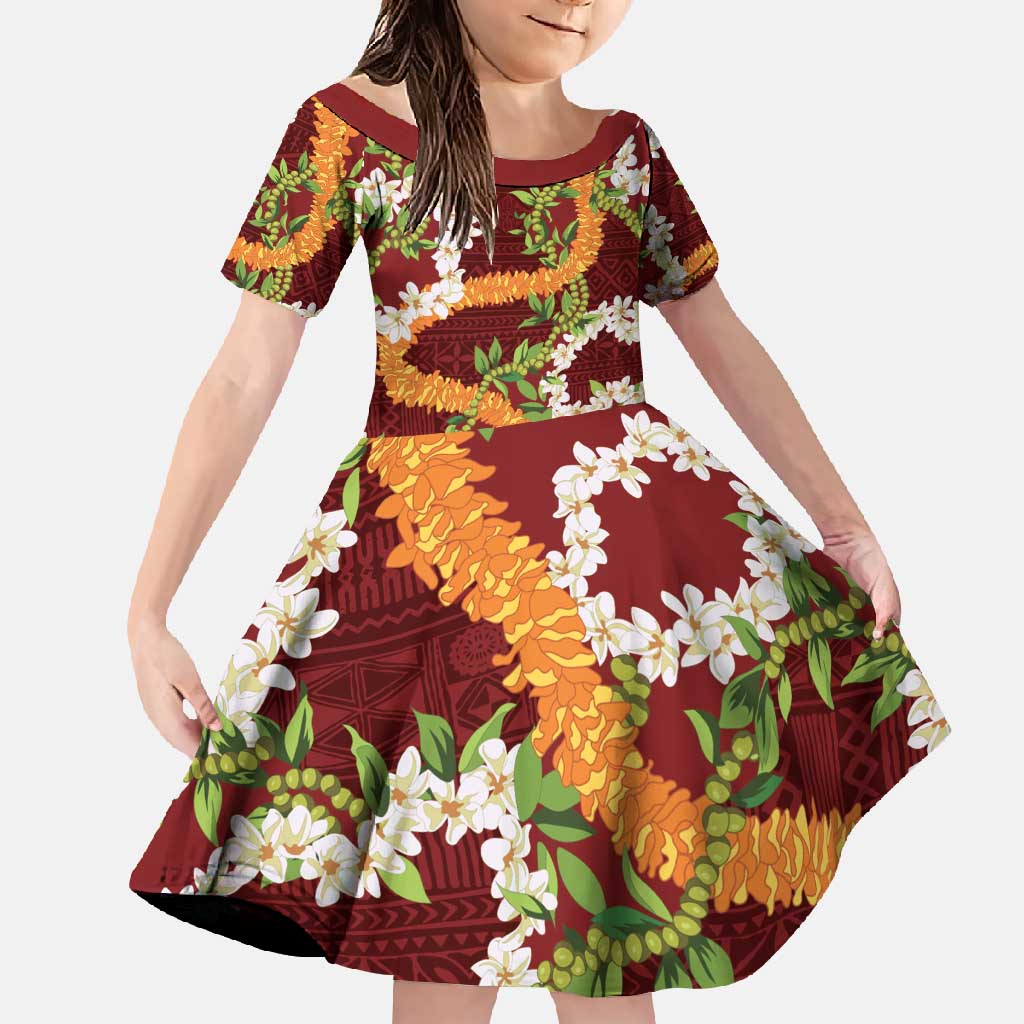 Aloha Festive Hawaii Family Matching Summer Maxi Dress and Hawaiian Shirt Mokihana - Maile and Ilima on Crimson LT7 Daughter's Dress Crimson - Polynesian Pride