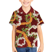Aloha Festive Hawaii Family Matching Summer Maxi Dress and Hawaiian Shirt Mokihana - Maile and Ilima on Crimson LT7 Son's Shirt Crimson - Polynesian Pride