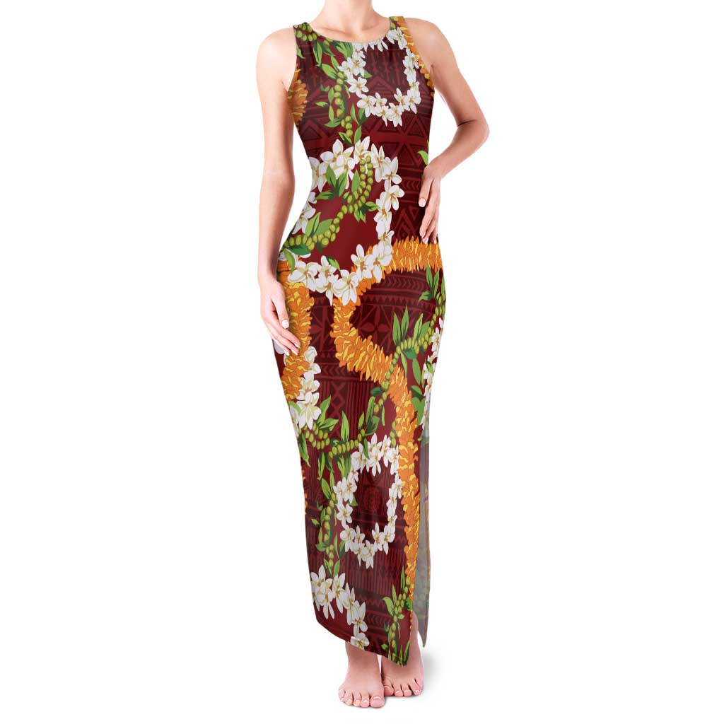 Aloha Festive Hawaii Family Matching Tank Maxi Dress and Hawaiian Shirt Mokihana - Maile and Ilima on Crimson LT7 Mom's Dress Crimson - Polynesian Pride