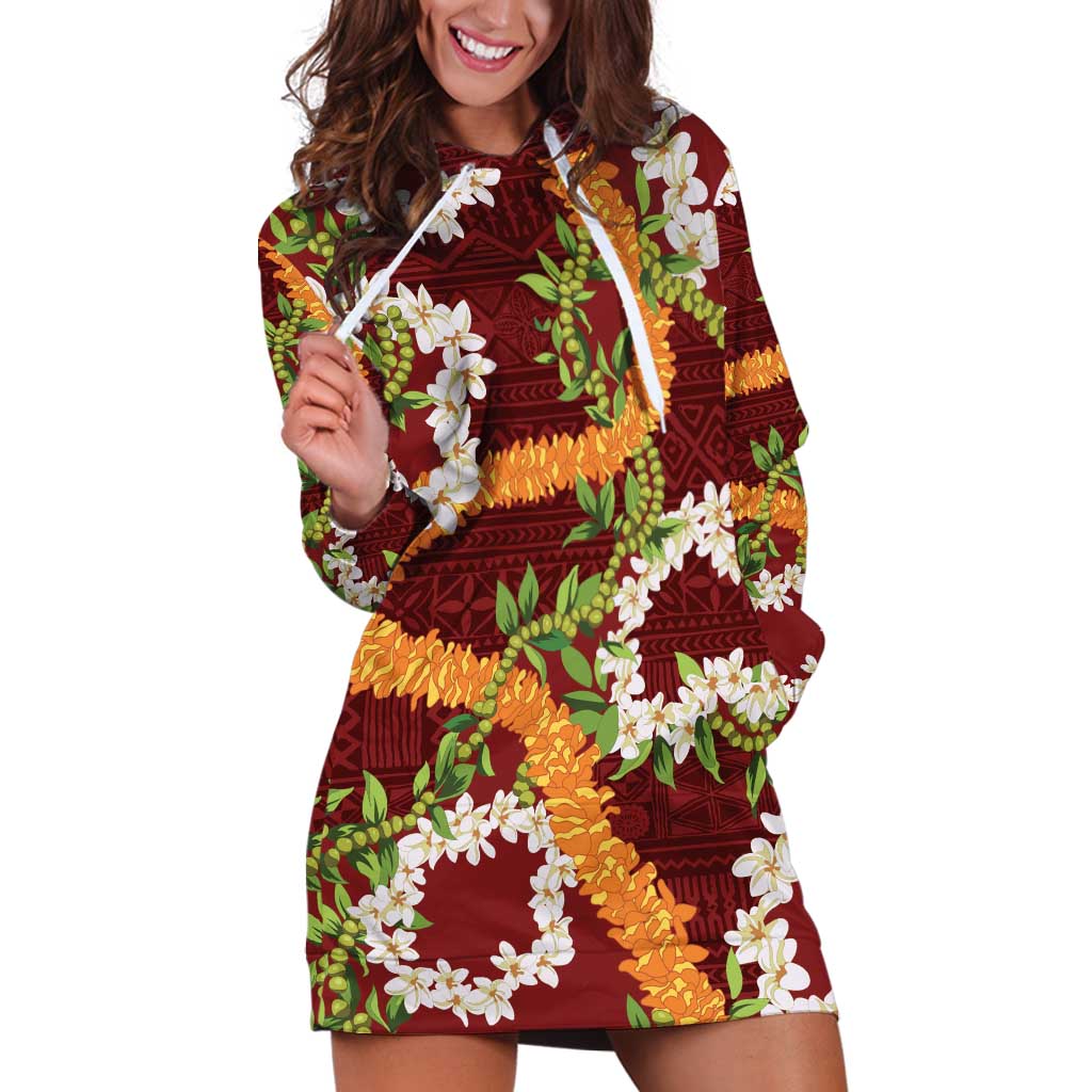 Aloha Festive Hawaii Hoodie Dress Mokihana - Maile and Ilima on Crimson LT7 Crimson - Polynesian Pride